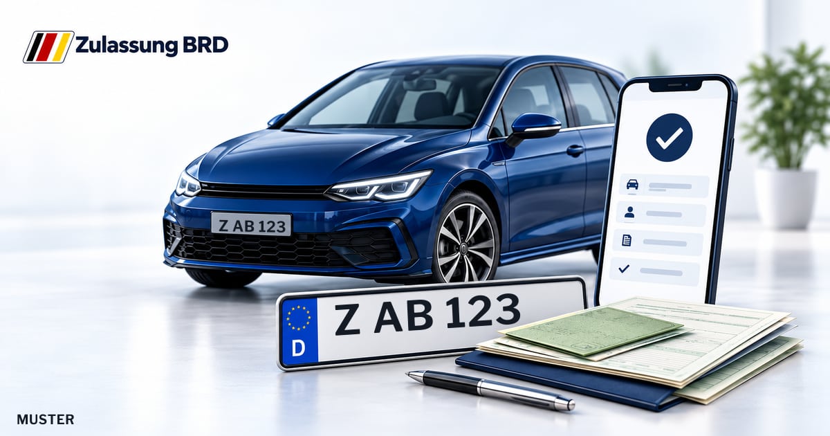 Online Fahrzeugzulassung in Meerane: Musterkennzeichen Z AB 123, Auto und Fahrzeugpapiere und Smartphone. Illustration mit Logo von Zulassung BRD.